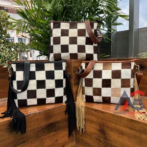 Popular diseño único a cuadros cuero de vaca gran capacidad bolso con flecos Vintage bolso cruzado de cuero genuino para mujer - Product Image 1