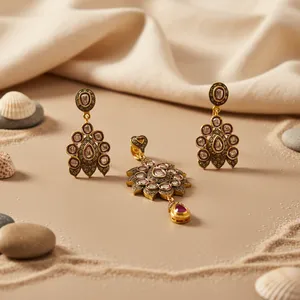 Women's Vintage Gold Plated Alloy Jewelry Set <b>Flower</b> Shape Zircon Pendant Earrings Wedding Style - Product Image 1