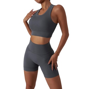 Ensemble de yoga sans couture pour femmes Leggings taille haute et haut court Gymwear 2 pièces tenue de yoga sans couture shorts d'entraînement et ensemble de soutien-gorge de sport - Product Image 1