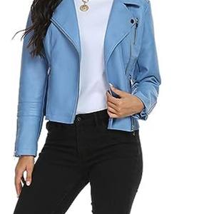 Chaqueta de cuero azul personalizada para mujer, chaqueta informal corta ajustada, ropa de calle, prendas de vestir de gran tamaño, algodón sólido teñido liso crudo - Product Image 4