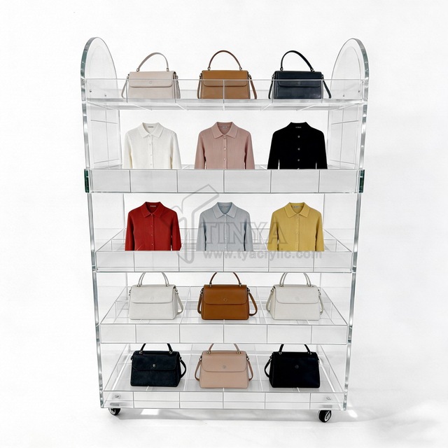Premium Acrylic Mobile Handbag Display Rack 5-Layer Multi-Grid Rolling Shelf for Shop Boutique Bag Organizer Showcase Stand