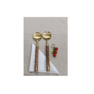 Genuine Exporter of Excellent Quality Sustainable Gold Plated Wooden Designer Round Straight Handle Salad Server - Product Image 1