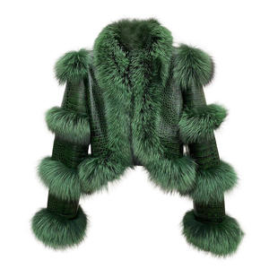 New Arrival Winter Crocodile Pattern Leather Fur <b>Coat</b> <b>Women</b> Genuine Sheepskin Leather Jackets With Fox Fur - Product Image 1