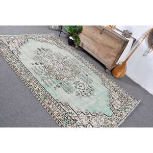 Tapis Turc Vintage 4'9 "X 8 'Vert Beige Classique Grande Surface Rectangle Peluche Laine Latex Classique Patchwork pour Couloir pour Chambre - Product Image 4