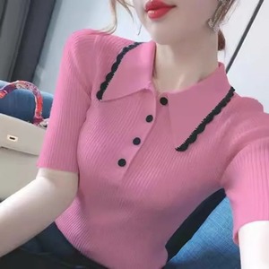 Camiseta de manga corta de verano 2024 para mujer, Jersey ajustado de Color sólido con botones y cuello Polo empalmado, camiseta interior de punto transpirable, Tops - Product Image 2
