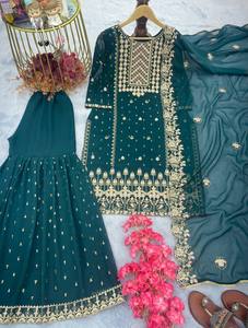 ชุดเดรสงานปาร์ตี้ดีไซเนอร์ ท็อปและกางเกงพร้อมผ้าคลุมไหล่ ชุดแบบดั้งเดิม ตัดเย็บสำเร็จ งานปักหนักบนผ้าคลุมไหล่ สไตล์ลำลอง - Product Image 4