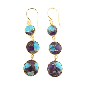Fine jewelry triple stone round mohave purple & blue copper turquoise hanging drop earrings gold plated ear wire long earrings