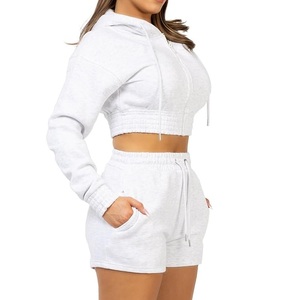 Nuevas llegadas logotipo personalizado Sudadera con capucha conjunto corto mujeres con capucha Crop Top Sudadera con capucha y pantalones cortos gruesos de peso pesado al aire libre trajes transpirables - Product Image 5
