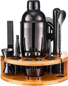 Ensemble de bar noir élégant avec support en bois Verres élégants pour les cadeaux de divertissement de bar à la maison et l'affichage moderne de l'Inde - Product Image 1