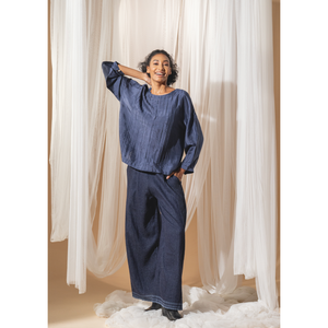 Blusa MAHIRA para Mujer, Tejida a Mano, Satén Azul con Cuello Asimétrico, Diseño a Cuadros, Estilo Retro, Talla XL, para Todas las Temporadas - Product Image 4