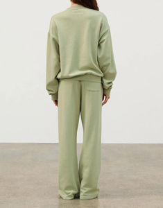 เซ็ตเสื้อสเวตเตอร์กางเกงผ้าฝ้าย100% ลำลองของผู้หญิงปักขนาดใหญ่ฤดูหนาวคอกลมด้านหน้าเอวยางยืดเอวขากว้างสีพื้น - Product Image 3