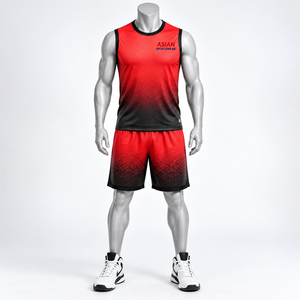 Conjunto de Camisetas y Pantalones Cortos de Baloncesto Sublimados Personalizados en Rojo y Negro Sólido para Hombre, Secado Rápido, Transpirables, 100% Poliéster, Cintura Elástica, para Equipo - Product Image 1