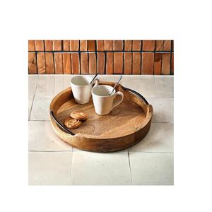 Plateau en bois dernier produit plateau rond en bois d'acacia avec poignée en métal cadeaux personnalisés en gros plateau de service fait main vente supérieure - Product Image 1