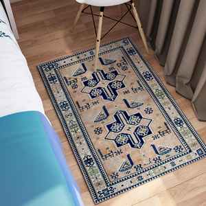 Alfombra Estampada Marrón Claro, Patrón Geométrico Inspirado en los Navajo, Diseño Turco, Alfombra Delgada No Tejida - Product Image 4