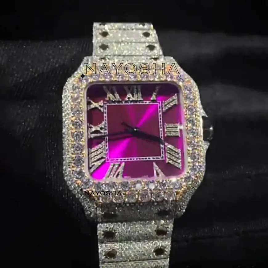 High Quality Handmade Custom Women's Diamond Watch Full Iced out Hip Hop Design Pink Square Dial Automatic Mechanical Movement