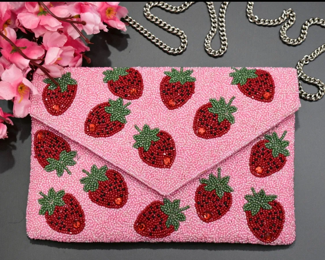 Strawberry Seed Beaded Pink Fuchsia Red Sequin Crossbody Chain Clutch Handbag