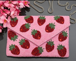 Strawberry Seed Beaded Pink Fuchsia Red <b>Sequin</b> Crossbody Chain Clutch <b>Handbag</b> - Product Image 1