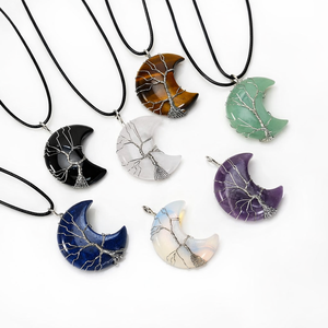 Wholesale Natural Polished Crystal <b>Moon</b> Pendant <b>Necklace</b> 25-30mm Tree Life Wire Wrapped Gemstone Charm Fashion Trend Jewelry Men - Product Image 1