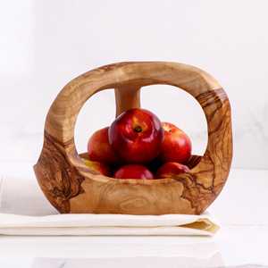 Panier à fruits en bois d'olivier rustique ArtisRaw avec poignée, plateaux décoratifs faits à la main pour un transport pratique des aliments - Product Image 3