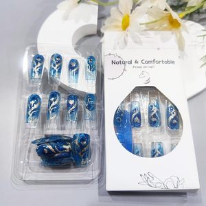 24 <span class=keywords><strong>Uñas</strong></span> Postizas Doradas con Línea Curva, Acrílicas Brillantes con Degradado Azul, Forma Cuadrada Mediana, Venta al Por Mayor - Product Image 6