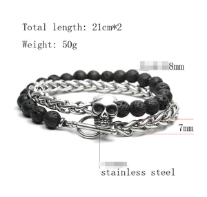 Pulsera Ajustable de Acero Inoxidable con Cabeza de Calavera, Pulsera de Cadena de Mano de Trigo, Ojo de Tigre, Piedra Volcánica, Brazaletes Negros para Hombre - Product Image 1