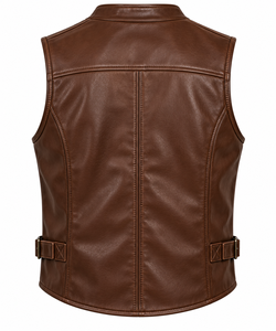 Men's <b>Brown</b> PU Leather Moto <b>Vest</b> V-Neck Zipper Closure Regular Fit Solid Color Outerwear - Product Image 2