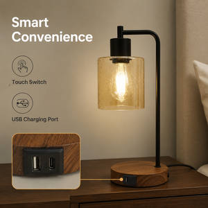 Metal Wood And Glass Touch Control <b>Table</b> Lamp With E27 Bulb And Usb <b>Charging</b> Port For Bedroom <b>Bedside</b> Reading Set Of 2 - Product Image 4