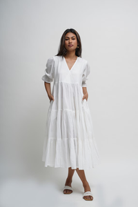 Vestido de fiesta de diseñador gitano hasta el suelo para mujer, Vestido largo de algodón blanco con manga larga abullonada, cintura Natural, hermoso teñido liso - Product Image 5