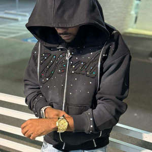 Custom Men <b>hoodie</b> Luxury Shining Gemstone Oversized Rhinestone <b>Zip</b> <b>up</b> <b>Hoodie</b> Acid Wash <b>Vintage</b> Streetwear Zipped <b>Hoodie</b> - Product Image 2