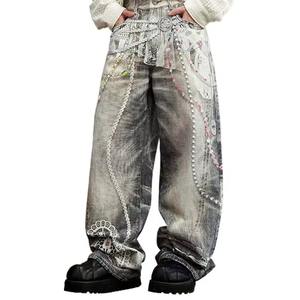 Vêtements pour hommes, jean en denim pour hommes, coupe ample, délavage acide, style empilé, imprimé à l'écran, jean de haute qualité pour hommes - Product Image 5