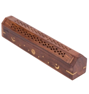 Caja de madera Agarbatti Holder Quemador de incienso tallado a mano de madera Soporte de incienso Incrustaciones de latón Soporte de almacenamiento de incienso - Product Image 1