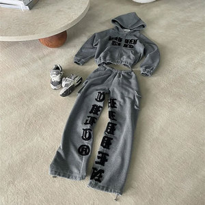 Acid Washed Printing Tracksuit For Unisex Flared Style Custom Clothes Screen Printing Distressed 400GSM Sweat Suit - Product Image 4