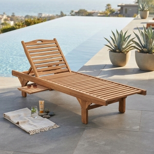 Chaise longue d'extérieur en teck massif avec plateau coulissant, chaise de piscine inclinable à lattes, design artistique et décoratif - Product Image 5