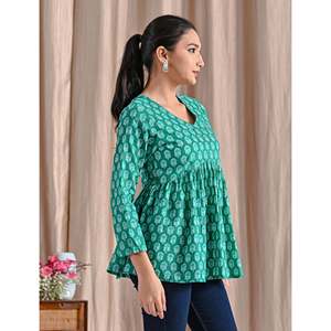 Top Peplum Verde de Algodón con Estampado Jaipuri, Transpirable, Cintura Imperio, Estilo Casual - Product Image 3