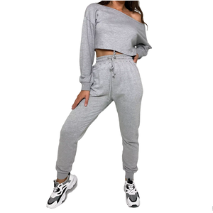 Sudadera con capucha de dos piezas recortada de alta calidad de algodón 100% para mujer, conjunto de chándal con hombros descubiertos de 2 piezas, Top corto y Sudadera con capucha - Product Image 1