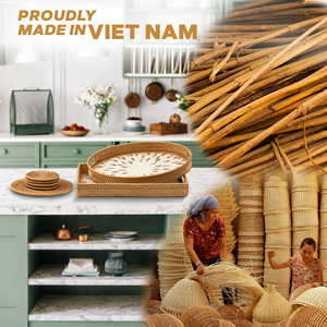 Nouvel arrivage de plateau de service en rotin de café en laque artisanale du Vietnam avec 5 sous-verres en incrustation de nacre - Product Image 3