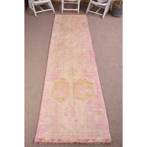 Turkish 3.3x11.3 ft <b>Rug</b>, <b>Runner</b> Vintage <b>Rug</b>, Pink Camouflage Wool <b>Rug</b> - Product Image 1