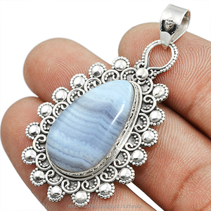 Pendentif pour femme en argent sterling 925 avec pierre précieuse naturelle Agate Bleue Dentelle, design ethnique filigrané, bijoux OEM ODM, vente en gros indienne - Product Image 2