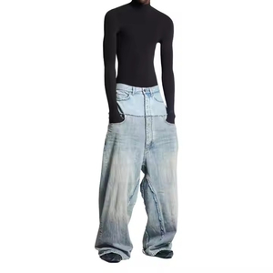 OEM Jean droit délavé à la pierre pour hommes taille moyenne respirant séchage rapide été jambe large Streetwear ourlet brut - Product Image 6