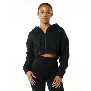 Custom Logo Women's Classic <b>Black</b> Full-<b>Zip</b> Crop <b>Hoodie</b> Drop Shoulder Style Oversized Cropped Fit for Autumn Season - Product Image 1