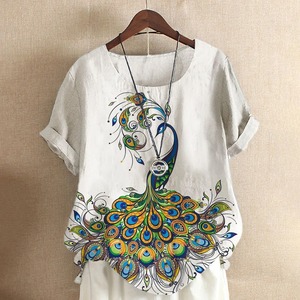 Women's New Fashion Summer Peacock Print Short Sleeve t Shirt Casual <b>White</b> Shirt <b>White</b> Color Loose Casual Plus Size Breathable - Product Image 5
