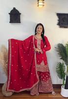 TENNECY Nouveau Ensemble Designer Haut, Plazzo et Dupatta pour Diwali et Mariages - Infroissable, Réversible, Séchage Rapide, Extensible, Traditionnel