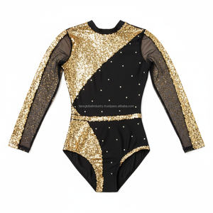 Combinaison de danse scintillante dorée de luxe pour femme, tenue de gymnastique élégante à manches en maille - Product Image 4