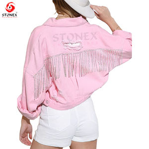 Chaqueta vaquera corta para motocicleta personalizada de último diseño decorada con perlas para mujer, Chaquetas vaqueras con estilo para mujer - Product Image 2