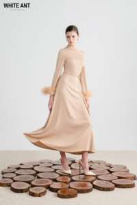 Vestidos de mujer Formal Venta caliente Adela Un hombro Pluma Midi Vestido Deknit Volver Satén Georgette Cajas Whiteant Exportador - Product Image 6