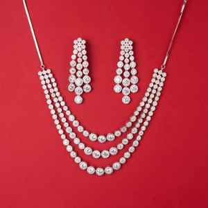 Latest Market Design CZ 3-Line <b>Necklace</b> Set with Rhodium Plating Stylish Fashion Accessory - Product Image 1