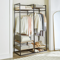 Porte-vêtements autoportant en acier inoxydable à 2 tringles, 4 étagères, noir, avec étagère de rangement suspendue et porte-cravates, robuste, gain de place, pour pantalons