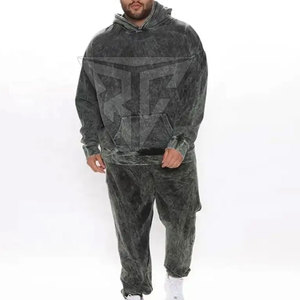 2025 Custom Logo <b>Retro</b> Style Solid Acid Wash Hoodie and Jogger Set Breathable Plus Size 100% Cotton <b>Tracksuit</b> for Men Winter - Product Image 4