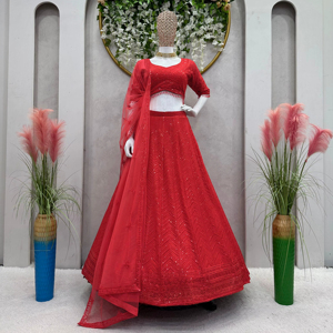 OEM Ethnique Lehenga Jeu Semi Cousu Faux Georgette avec Micro Doublure Paillettes et Fil de Travail Fournisseur en Gros - Product Image 1