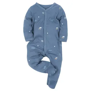 Toptan % 100% pamuk 0-2Year bebek giysileri Snap düğmesi uzun kollu ayaklı tulum bebek pijama ile ayaklar